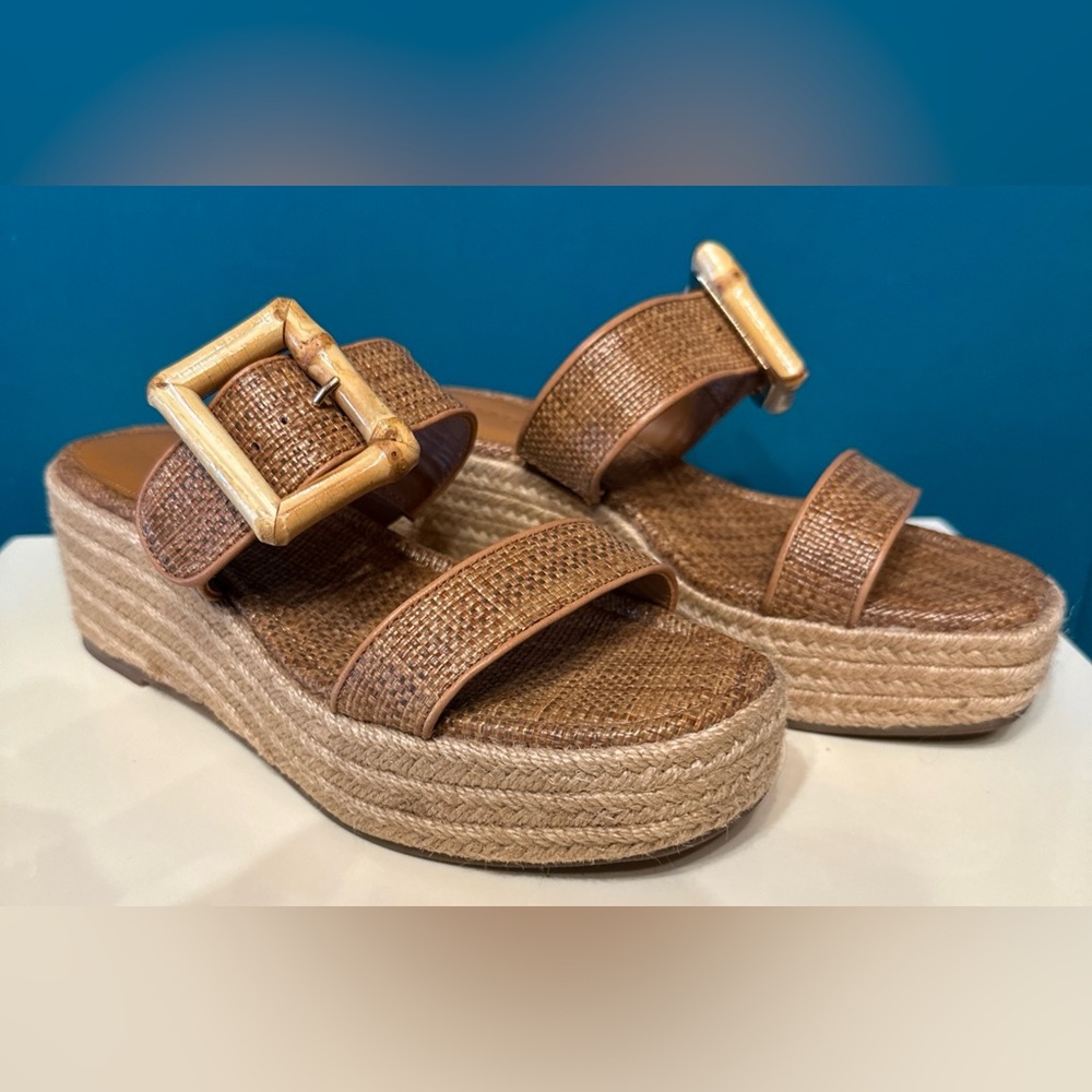 J McLaughlin Shoes 7.5 Women Fleur Wedge Espadrilles Bamboo Buckle Slide Sandal